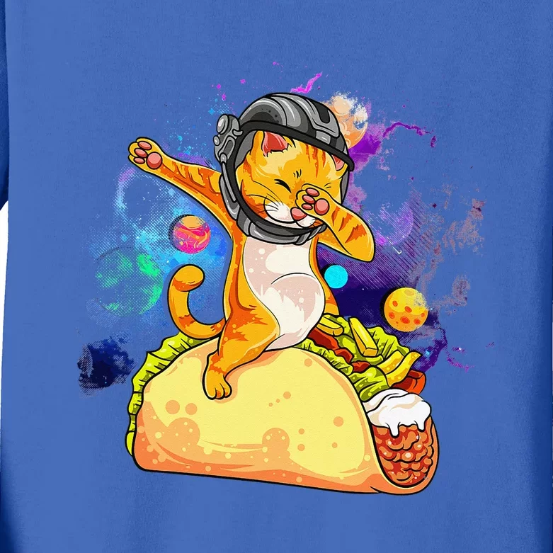 Dabbing Cat Astronaut In Space Riding Taco Kids Long Sleeve Shirt