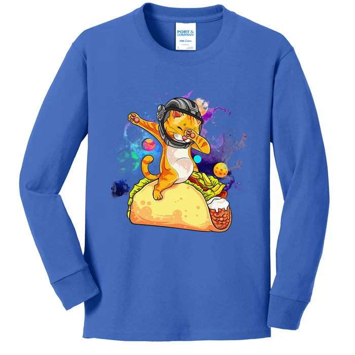 Dabbing Cat Astronaut In Space Riding Taco Kids Long Sleeve Shirt