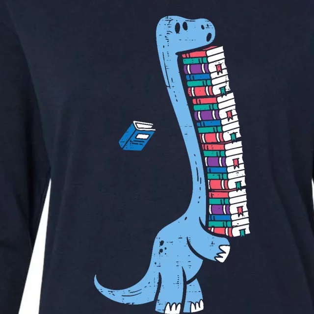 Dino Carrying Books Cute Bookworm Boy Librarian Womens Cotton Relaxed Long Sleeve T-Shirt