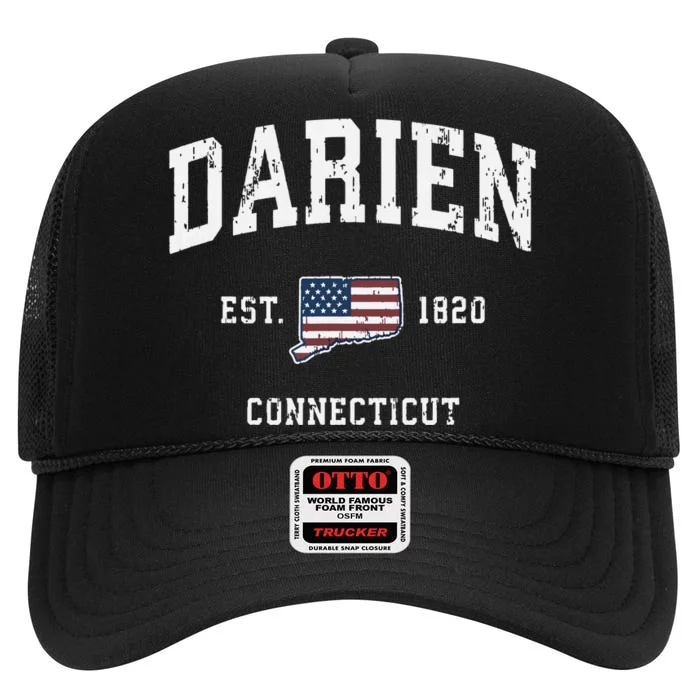 Darien Connecticut Ct Vintage American Flag Sports Design High Crown Mesh Trucker Hat