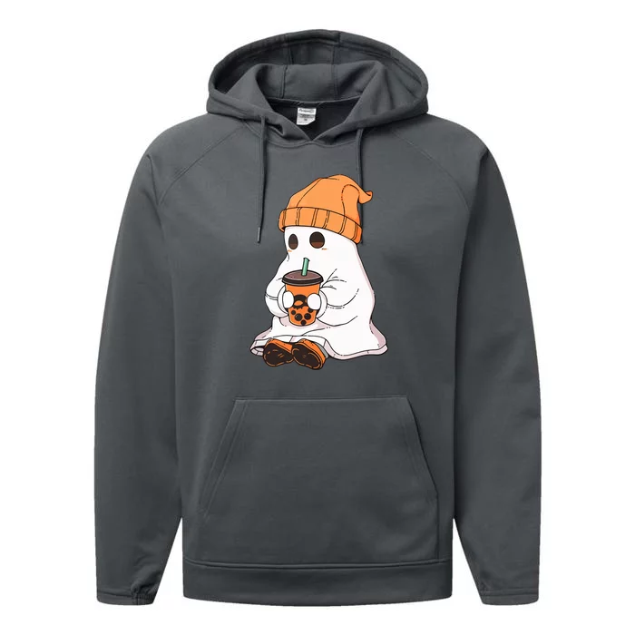 Drinking Coffee Cute Little Ghost Halloween Spooky Season Gift Performance Fleece Hoodie