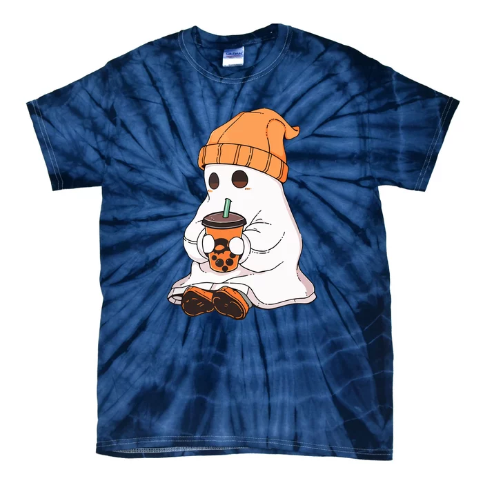 Drinking Coffee Cute Little Ghost Halloween Spooky Season Gift Tie-Dye T-Shirt