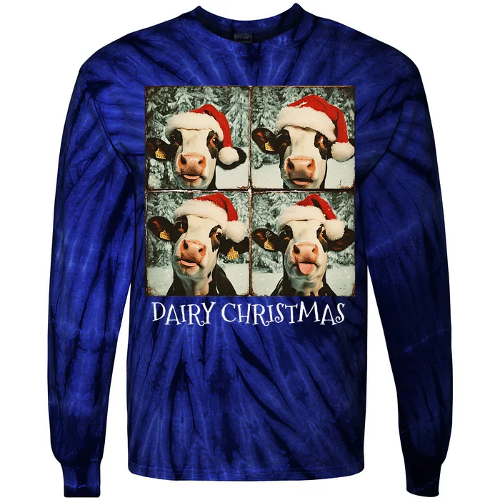 Dairy Christmas Cow Selfie Dairy Cow Wearing Santa Hat Tie-Dye Long Sleeve Shirt