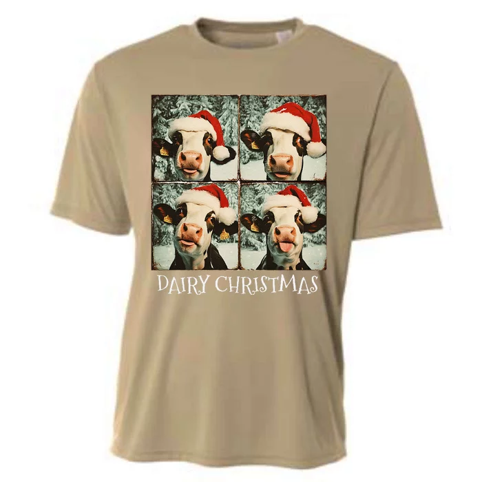 Dairy Christmas Cow Selfie Dairy Cow Wearing Santa Hat Cooling Performance Crew T-Shirt