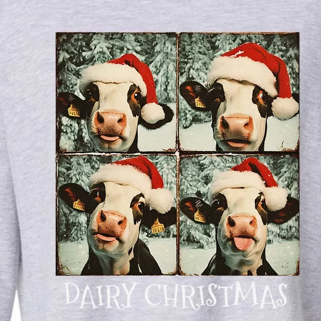 Dairy Christmas Cow Selfie Dairy Cow Wearing Santa Hat Cropped Pullover Crew