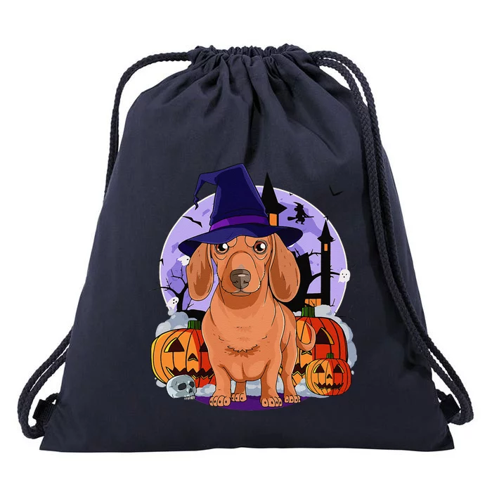 Dachshund Cute Dog Halloween Witch Pumpkin Drawstring Bag