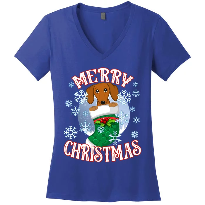 Dachshund Cute Dog In A Christmas Stocking Stuffer Gift Women's V-Neck T-Shirt