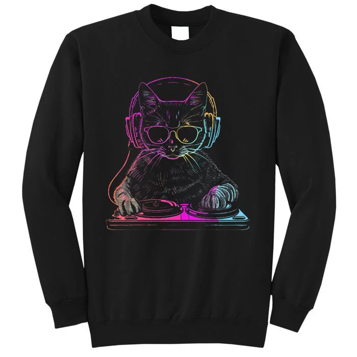 Dj Cat Edm Techno House Music Funny Cat Lover Tall Sweatshirt