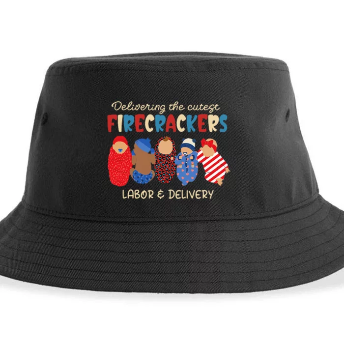 Delivering Cutest Firecrackers Labor & Delivery 4th Of July Sustainable Bucket Hat