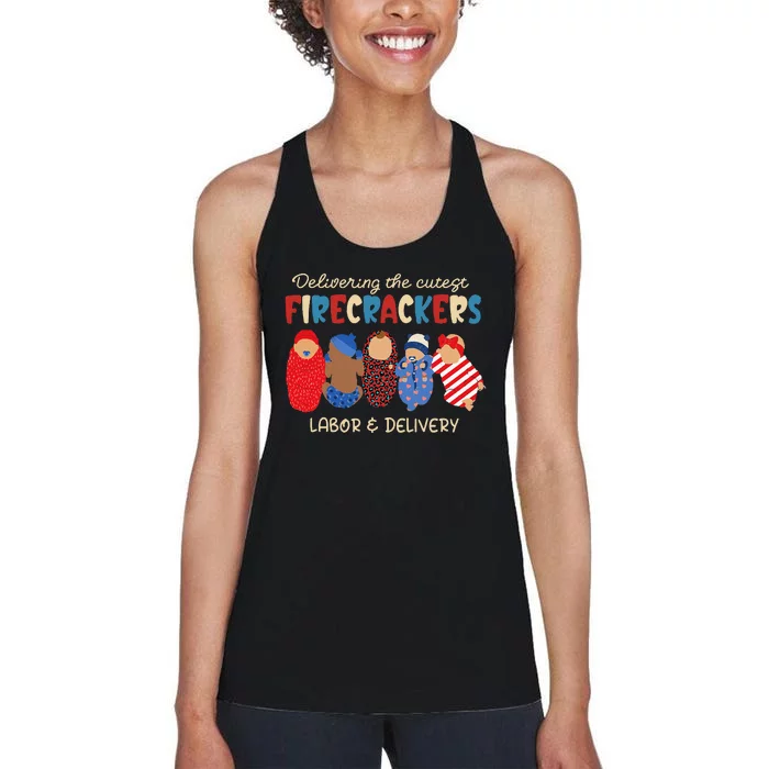 Delivering Cutest Firecrackers Labor & Delivery 4th Of July Women's Racerback Tank