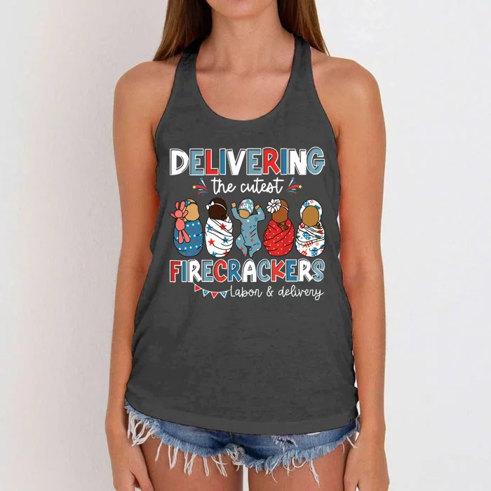 Delivering Cutest Firecracker Labor Delivery Nurse 4th July Women's Knotted Racerback Tank