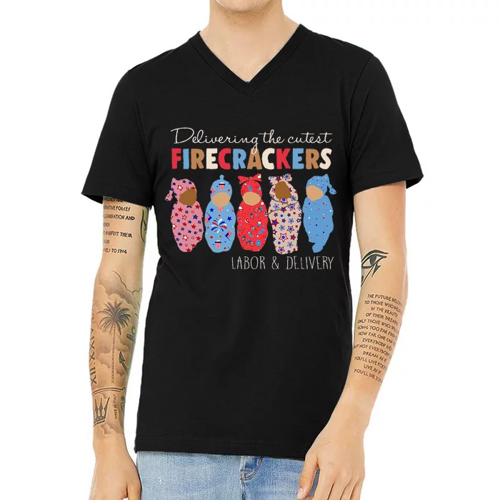 Delivering Cutest Firecrackers Funny L&D Nurse 4th Of V-Neck T-Shirt