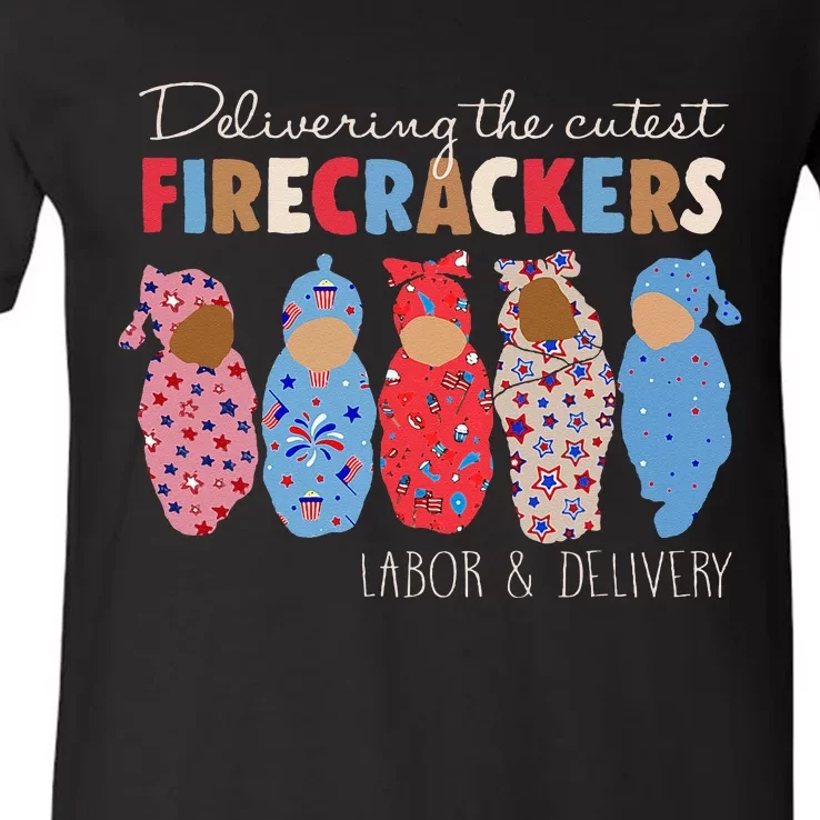 Delivering Cutest Firecrackers Funny L&D Nurse 4th Of V-Neck T-Shirt