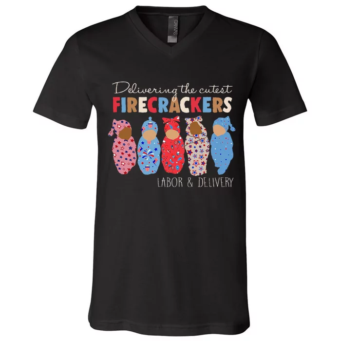 Delivering Cutest Firecrackers Funny L&D Nurse 4th Of V-Neck T-Shirt