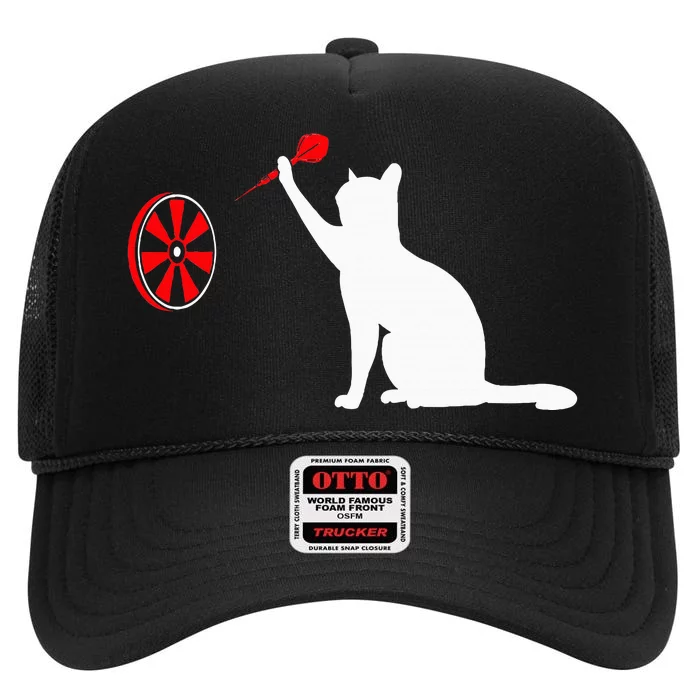 Darts Cat Funny Dart Throwing Cat Dart And Cat Lover High Crown Mesh Trucker Hat