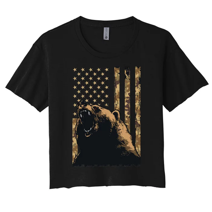 Desert Camo Grizzly Bear Grunge American Flag Tactical USA Women's Crop Top Tee