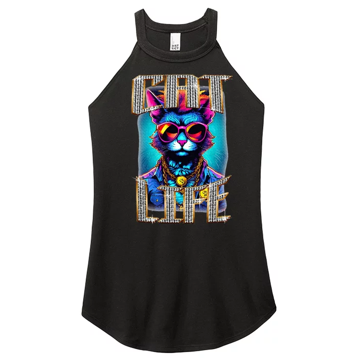 Diamond Cat Life With Glasses And Necklace Women’s Perfect Tri Rocker Tank