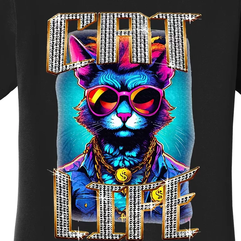 Diamond Cat Life With Glasses And Necklace Women's T-Shirt