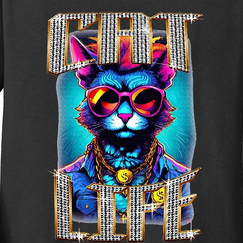 Diamond Cat Life With Glasses And Necklace Kids Long Sleeve Shirt