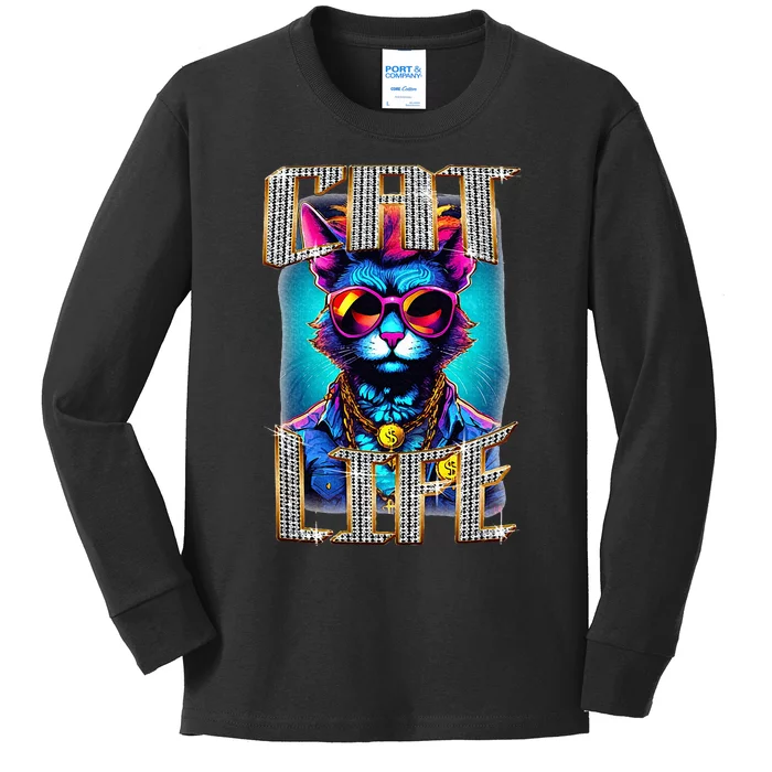 Diamond Cat Life With Glasses And Necklace Kids Long Sleeve Shirt