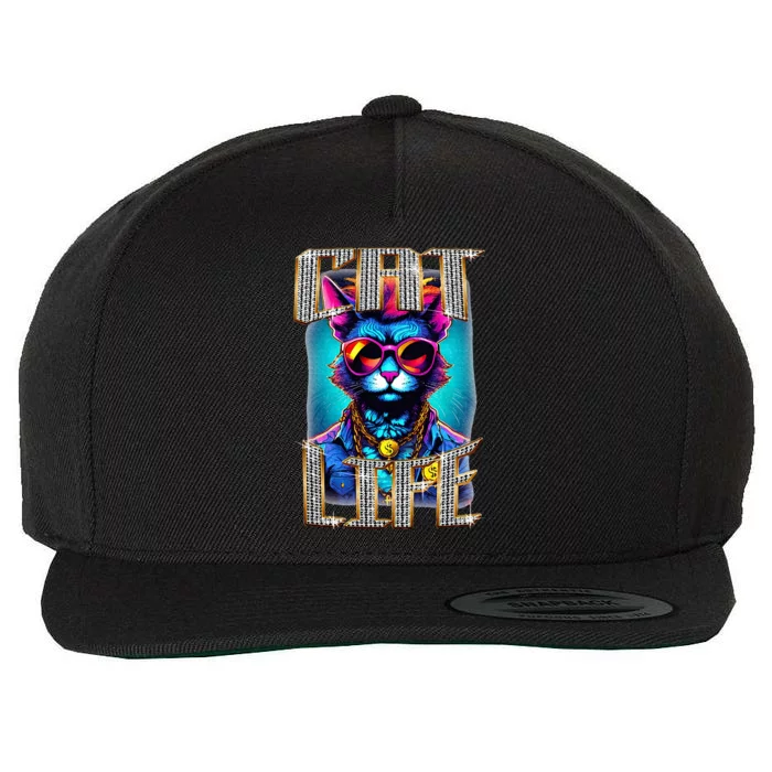 Diamond Cat Life With Glasses And Necklace Wool Snapback Cap