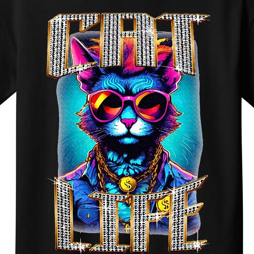 Diamond Cat Life With Glasses And Necklace Kids T-Shirt