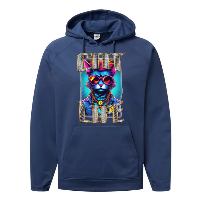 Diamond Cat Life With Glasses And Necklace Performance Fleece Hoodie