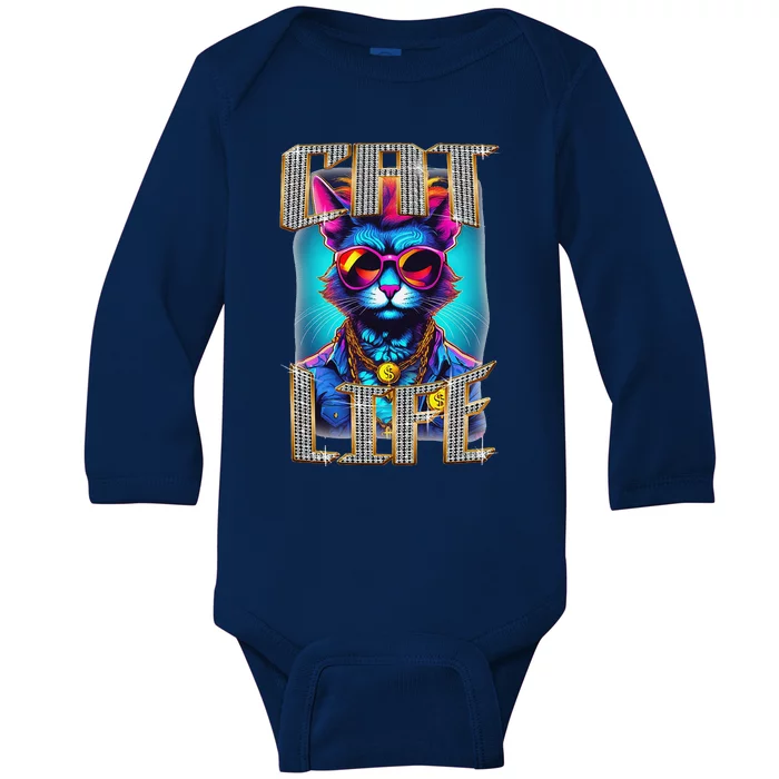 Diamond Cat Life With Glasses And Necklace Baby Long Sleeve Bodysuit