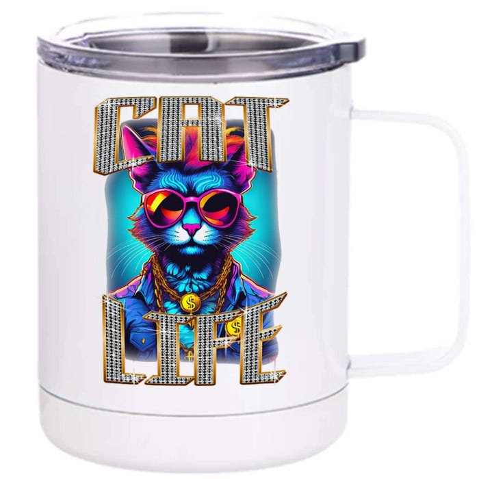 Diamond Cat Life With Glasses And Necklace Front & Back 12oz Stainless Steel Tumbler Cup