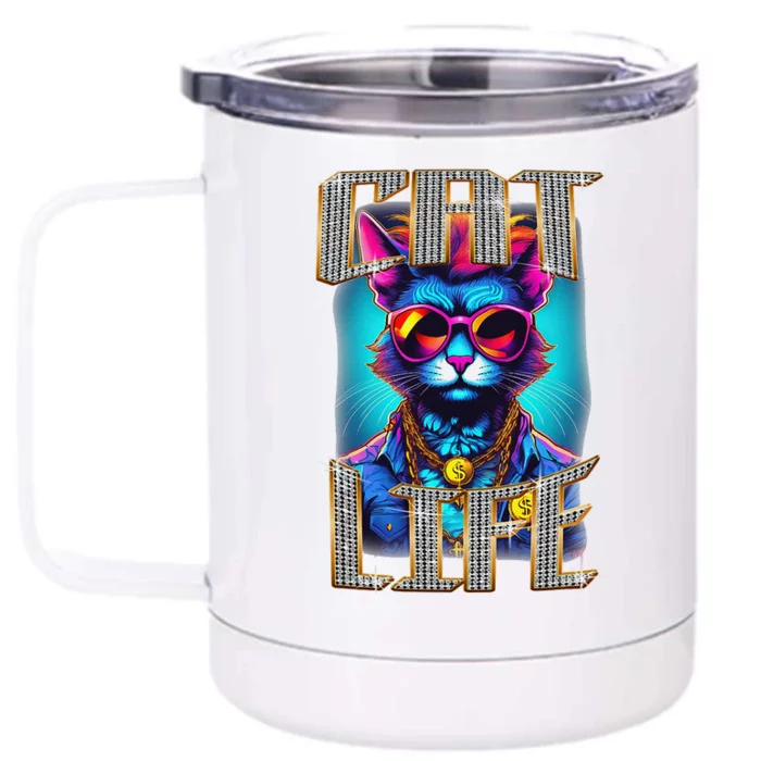 Diamond Cat Life With Glasses And Necklace Front & Back 12oz Stainless Steel Tumbler Cup