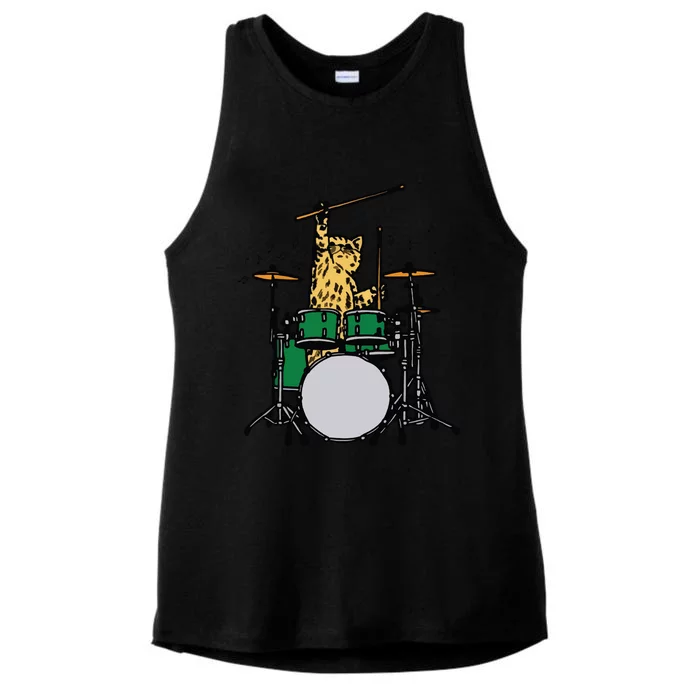 Drummer Cat Music Lover Musician Playing The Drums Ladies Tri-Blend Wicking Tank