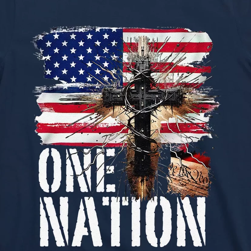 Distressed Christian One Nation Crown Of Thorns Patriotic T-Shirt