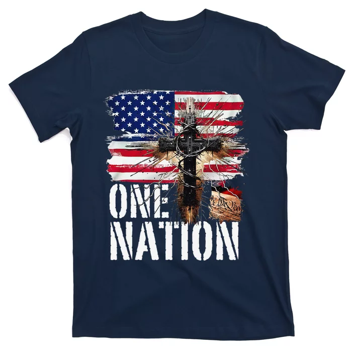 Distressed Christian One Nation Crown Of Thorns Patriotic T-Shirt