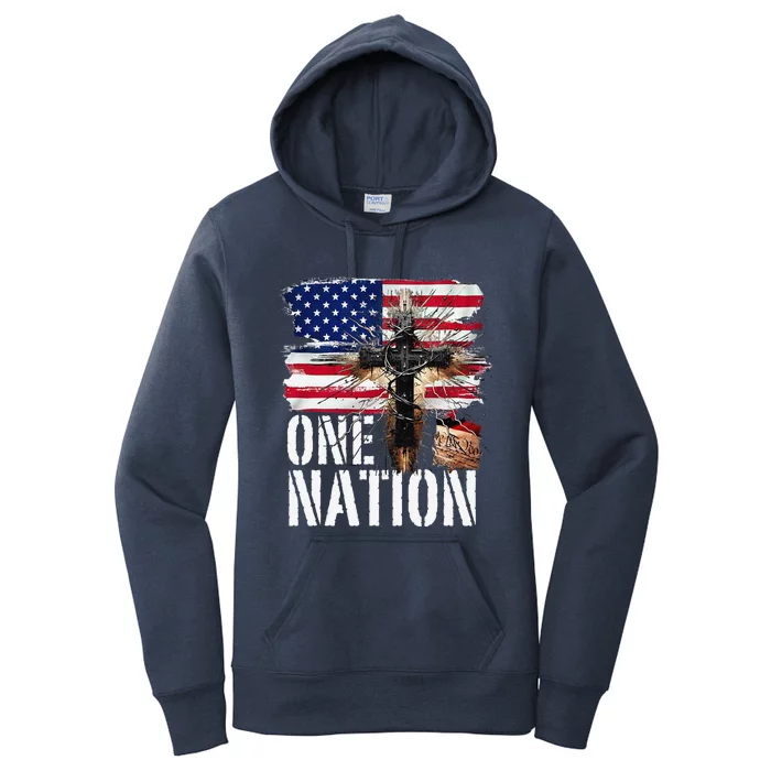 Distressed Christian One Nation Crown Of Thorns Patriotic Women's Pullover Hoodie