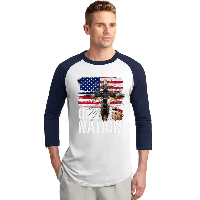 Distressed Christian One Nation Crown Of Thorns Patriotic Baseball Sleeve Shirt