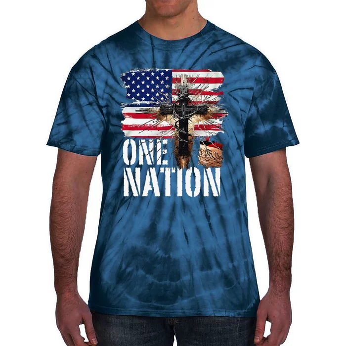 Distressed Christian One Nation Crown Of Thorns Patriotic Tie-Dye T-Shirt