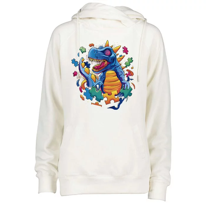 Dinosaur Colorful Puzzle Pieces Womens Funnel Neck Pullover Hood