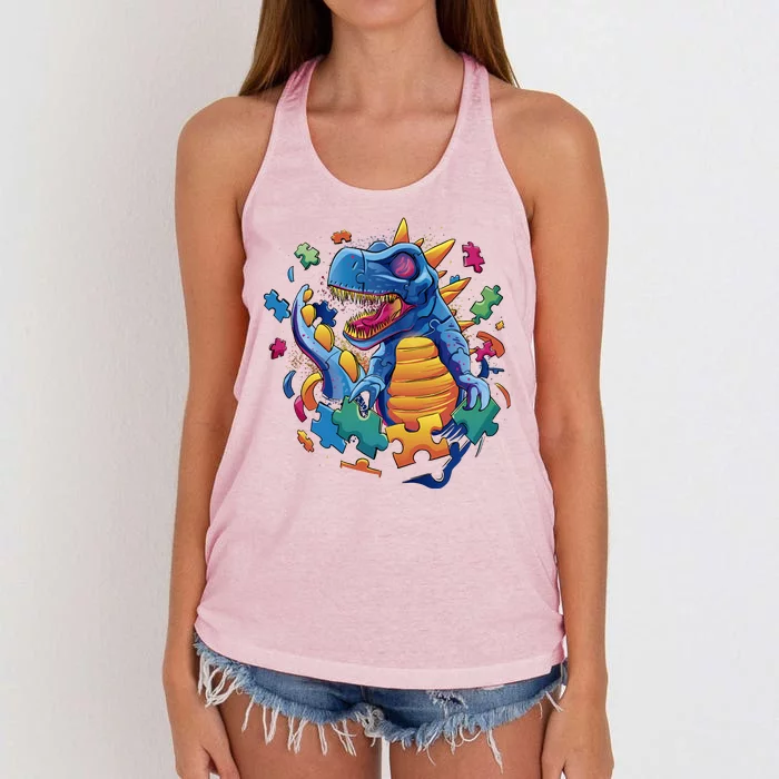 Dinosaur Colorful Puzzle Pieces Women's Knotted Racerback Tank