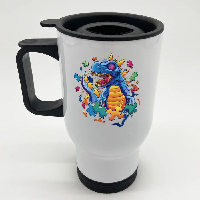 Dinosaur Colorful Puzzle Pieces Front & Back Stainless Steel Travel Mug