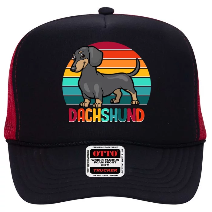 Dachshund Cute Puppy Dog Doggy Lover Retro Sunset Great Gift High Crown Mesh Trucker Hat