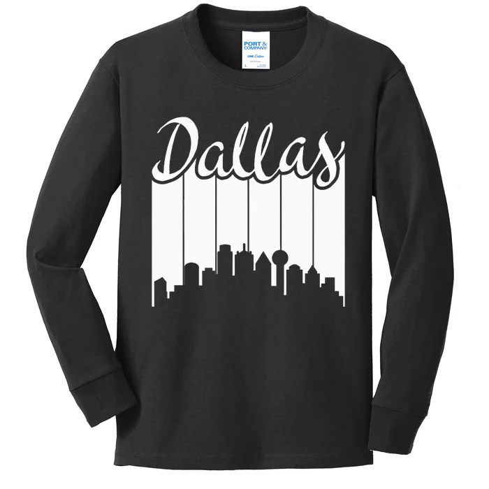 Dallas City Pride Retro Skyline Silhouette Image Kids Long Sleeve Shirt