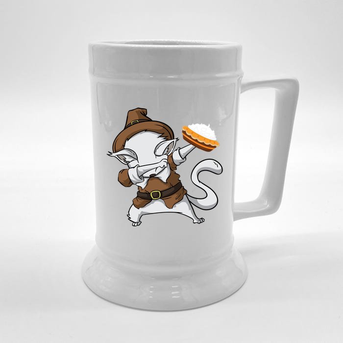 Dabbing Cat Pilgrim Holding Pumpkin Pie Thanksgiving Day Gift Front & Back Beer Stein