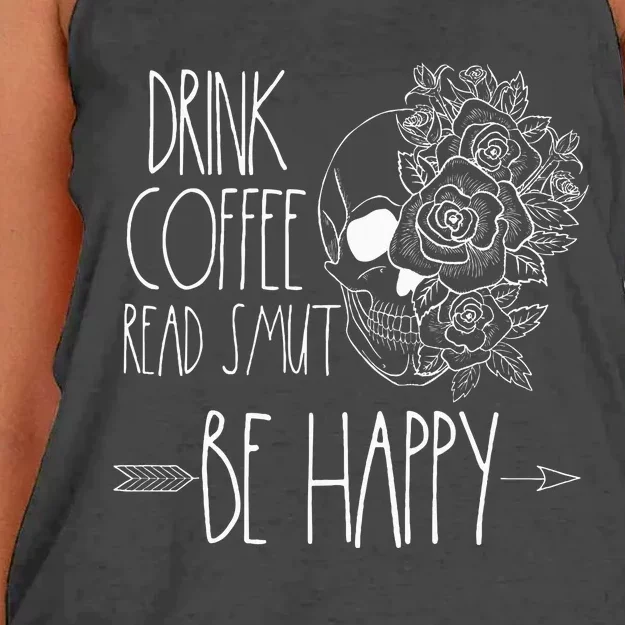 Drink Coffee Read Smut Be Happy Romance Reader Smutty Books Women's Knotted Racerback Tank