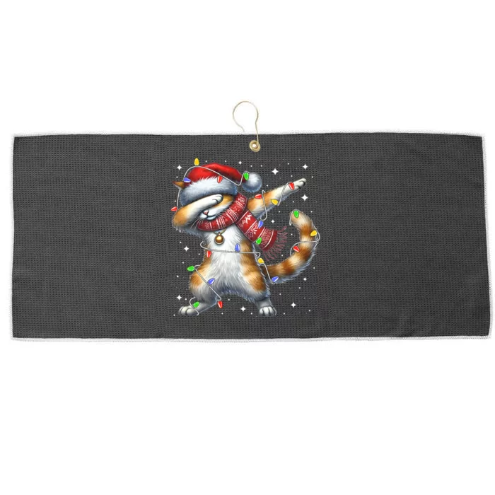 Dabbing Cat Santa Hat Christmas Lights Large Microfiber Waffle Golf Towel