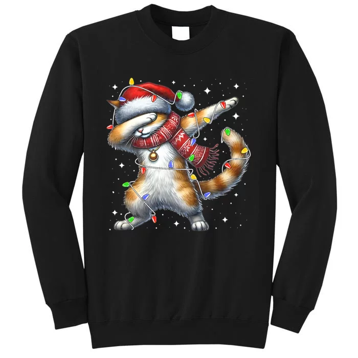 Dabbing Cat Santa Hat Christmas Lights Tall Sweatshirt