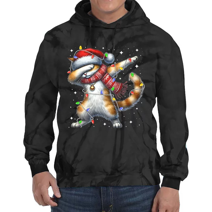 Dabbing Cat Santa Hat Christmas Lights Tie Dye Hoodie