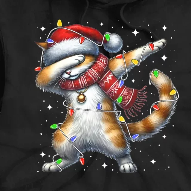 Dabbing Cat Santa Hat Christmas Lights Tie Dye Hoodie