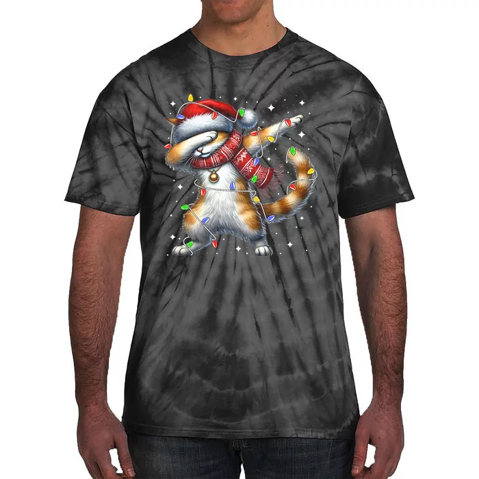 Dabbing Cat Santa Hat Christmas Lights Tie-Dye T-Shirt