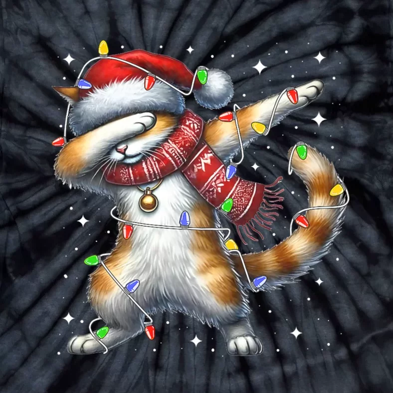 Dabbing Cat Santa Hat Christmas Lights Tie-Dye T-Shirt