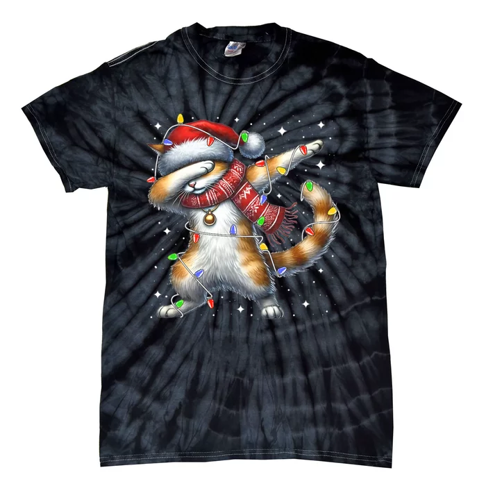 Dabbing Cat Santa Hat Christmas Lights Tie-Dye T-Shirt